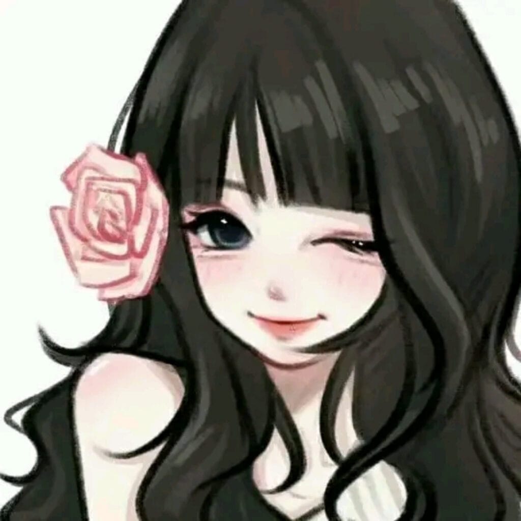 Close-up illustration of an anime-style girl with dark hair and a pink bow in her hair.