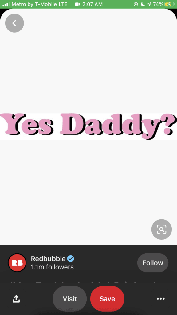 Pink decorative text reading 'Yes Daddy?' on a white banner across the screen.