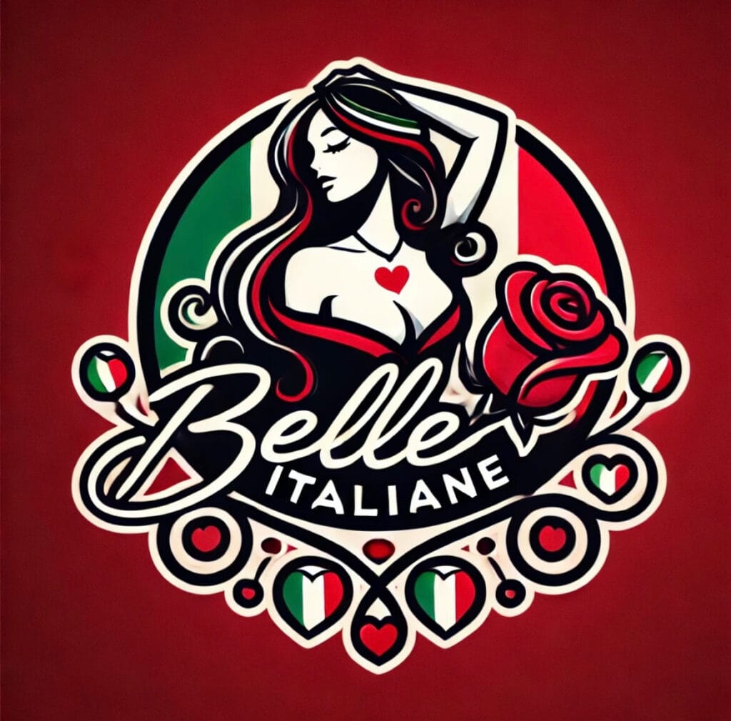 Logo featuring a stylized woman with flowing hair, a red rose, and the text 'Belle Italiane' in cursive with Italian flag colors.