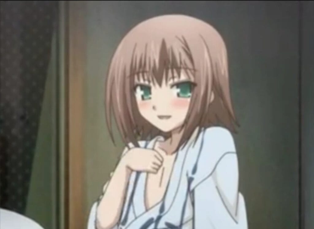 Anime girl with pink hair and green eyes blushes, hands clasped near chest in a striped top.