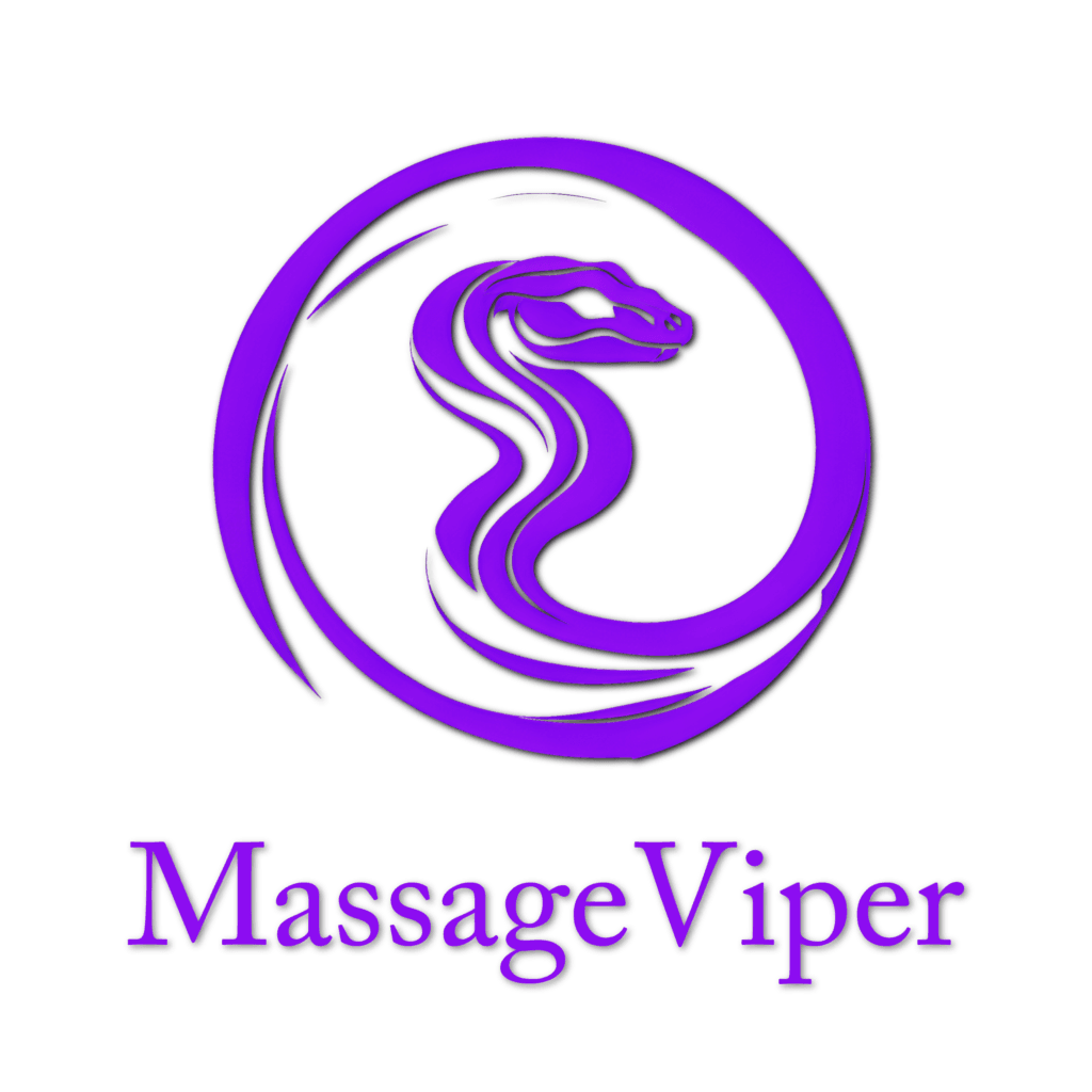 Purple circular logo with a stylized purple snake and the text 'Massage Viper' in purple.