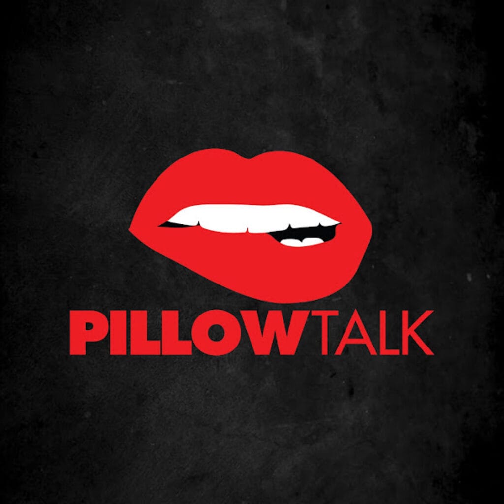 Close-up of a red stylized mouth with white teeth on a dark textured background, likely part of the Pillow Talk graphic.