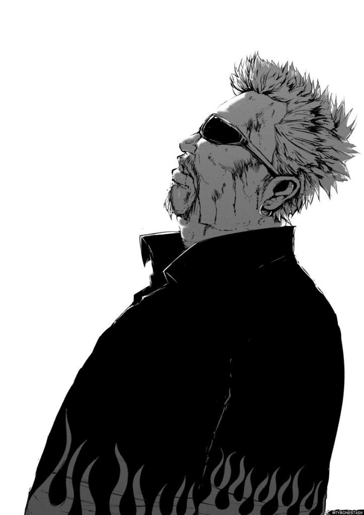 Stylized black-and-white illustration of a man with spiky hair and sunglasses, wearing a high-collared jacket.