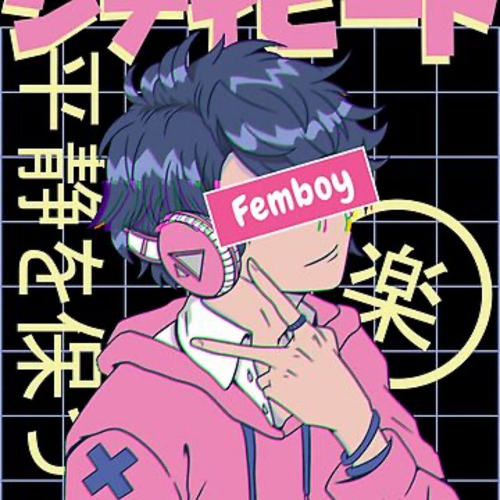 Anime-style character in pink clothing against a black grid backdrop with yellow sticky-note-style shapes and pink label graphics nearby.