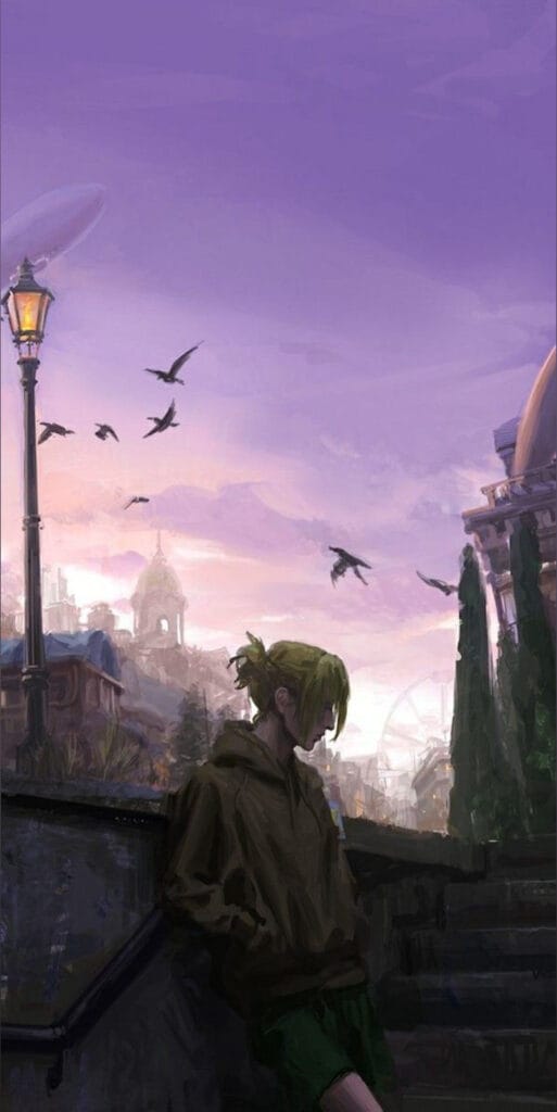 Young woman in a hoodie leaning on a railing in a purple sunset cityscape with a lamppost and birds in the sky.