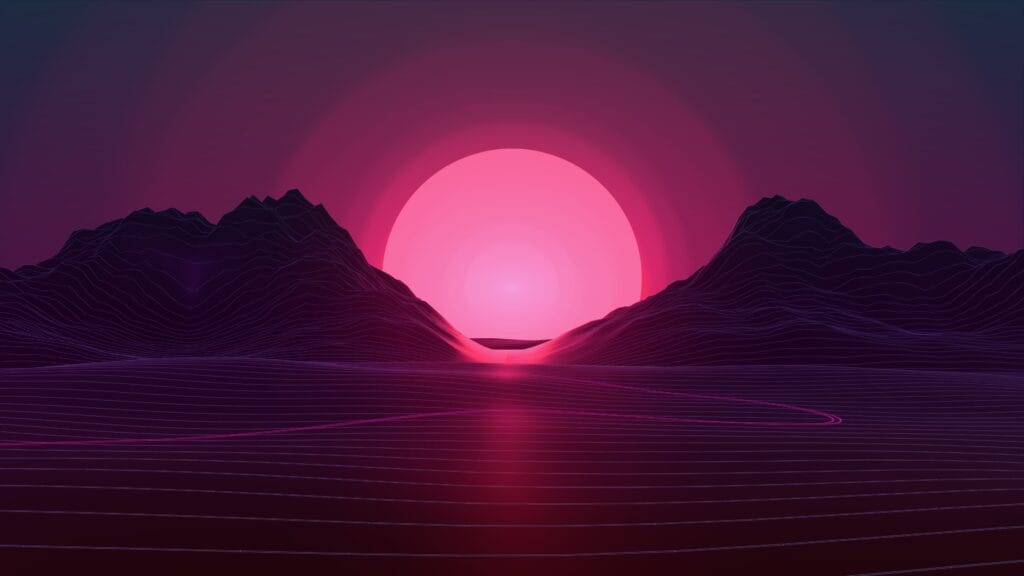 Futuristic neon sunset over wireframe mountains with a large pink sun reflecting on grid water.